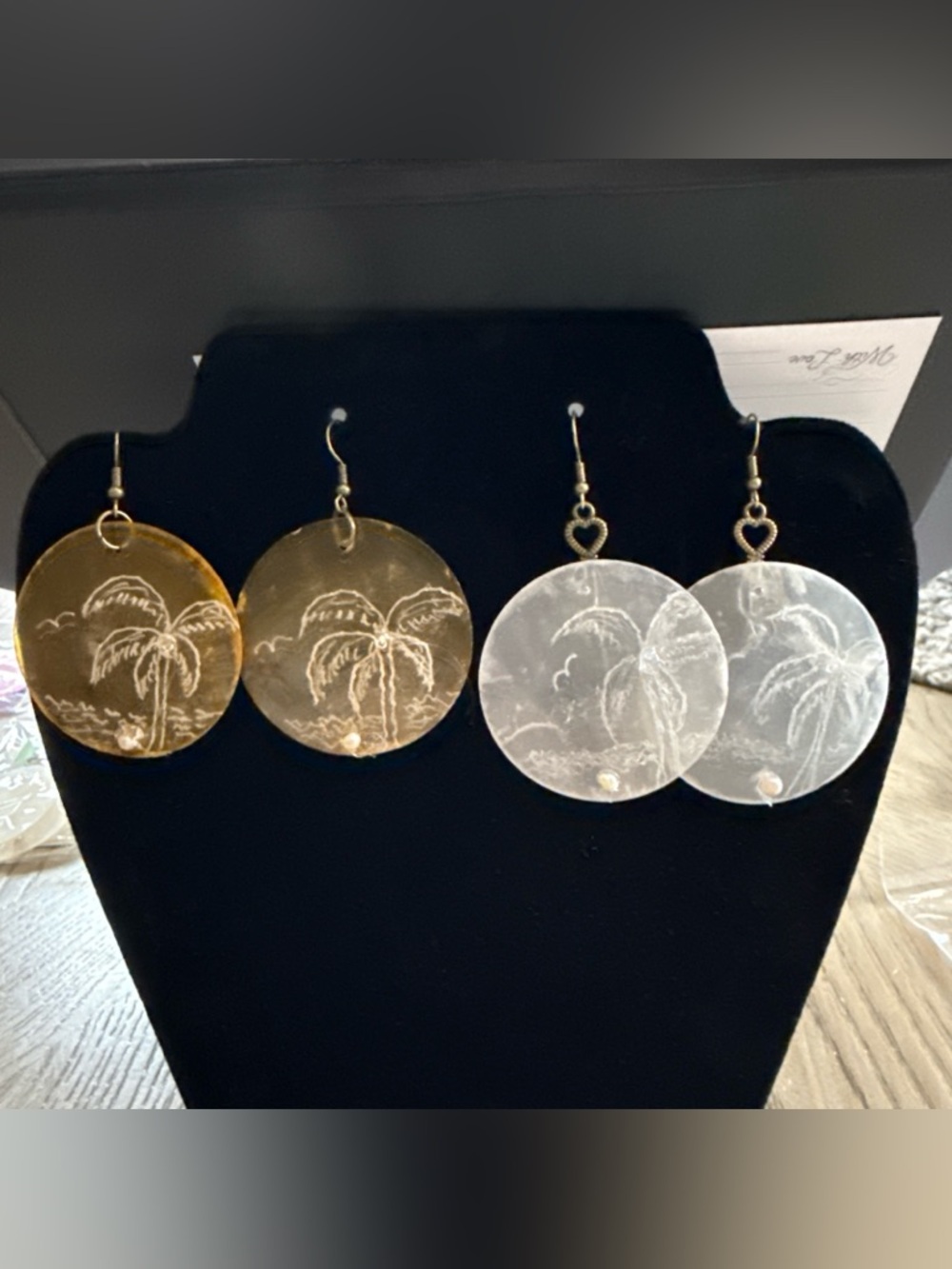 Handcrafted capiz shell engraved Beach Scene hypoallergenic Earrings 2 pair